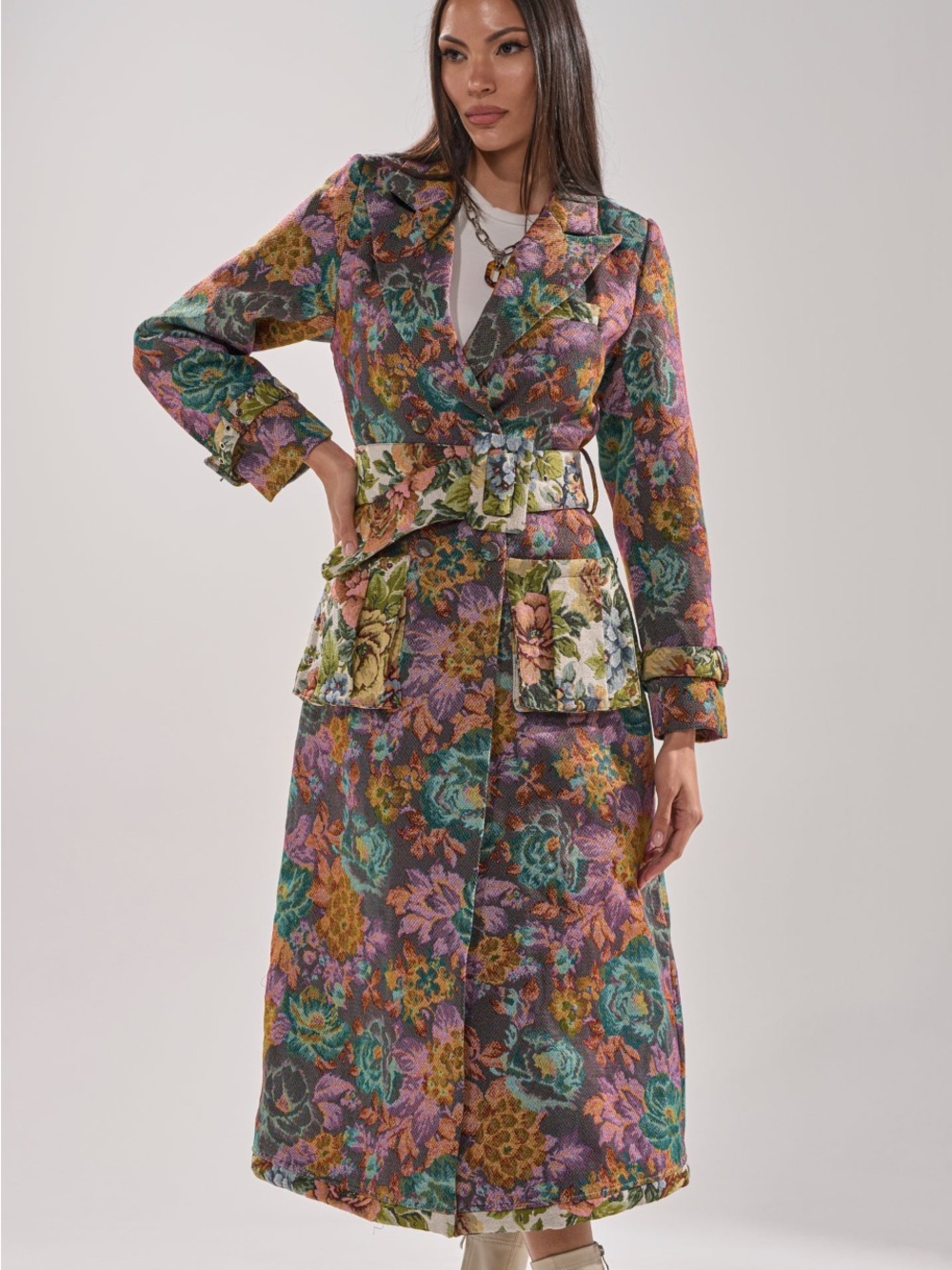 AKIRA Floral Multicolor Trench Coat - Teal, Purple, Pink & Gold